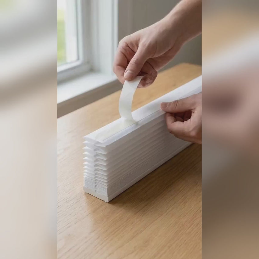 How to install: peel, stick to the top of the window, pleat down. No drills, no tools.
